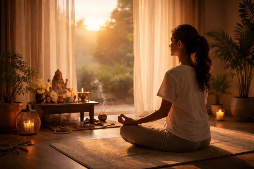 Woman meditating in a peaceful therapy space at sunset